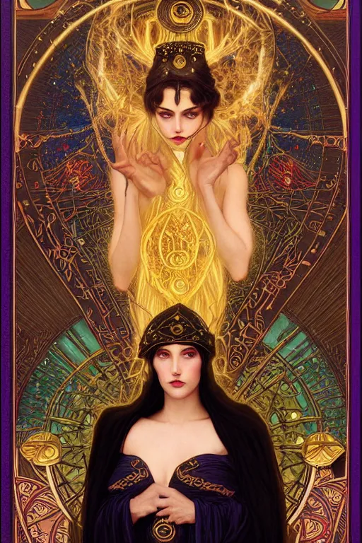 Prompt: a tarot card of a beautiful sorceress wearing a black robe with gold embroidery, casting a spell, green glows, painted by artgerm, tom bagshaw, alphonse mucha, and gustav klimt, in the style of magic the gathering, intricate, highly detailed digital art