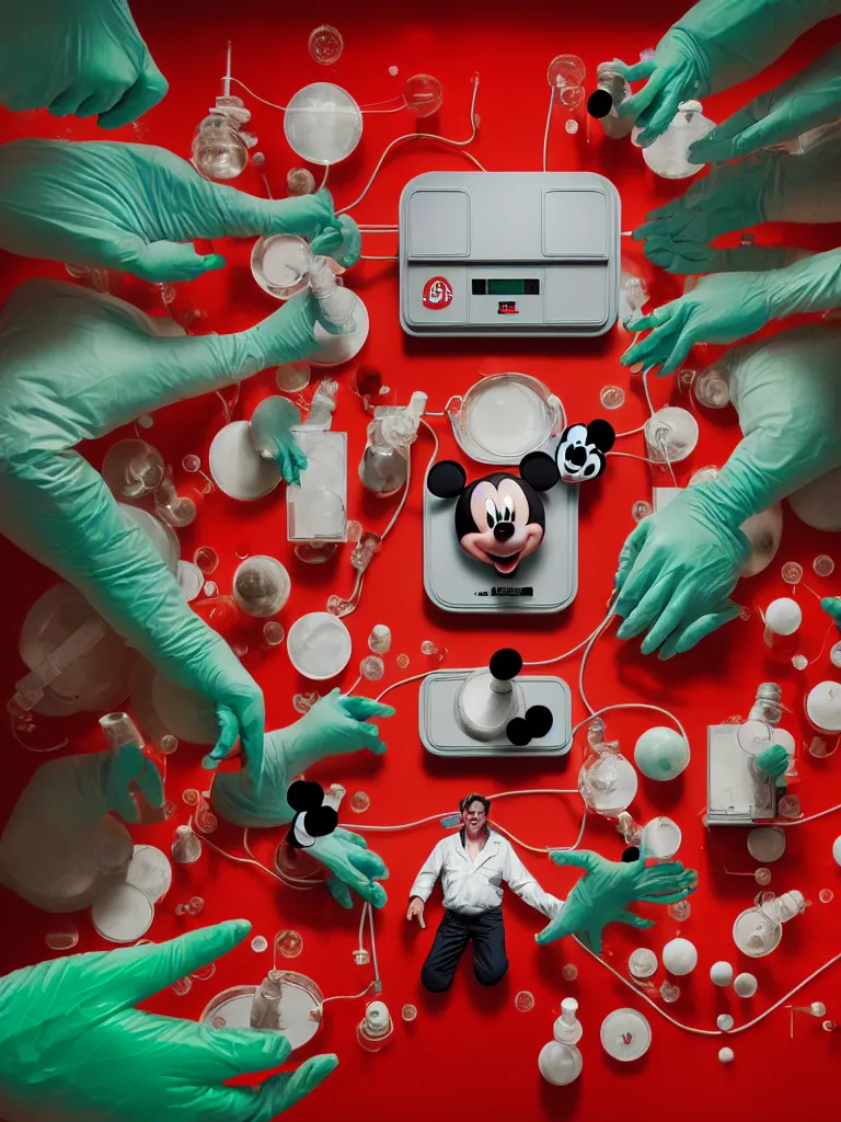 Image similar to scientists in laboratory, single giant mickey mouse face by denning guy, amano yoshitaka, berkey john, bowater charlie, greg rutkowski, netflix logo, green floor, red walls, colored gels, studio photography, 3 5 mm film look