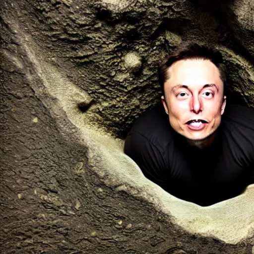 Image similar to photo inside a cavern of a wet reptilian humanoid rapper elon musk partially hidden behind a rock with black eyes open mouth and big teeth