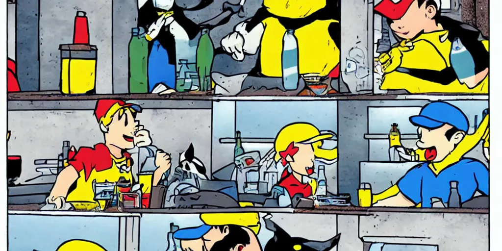 Image similar to Ness from Earthbound Aquaman and a Penguin having drinks at a bar, comic book style