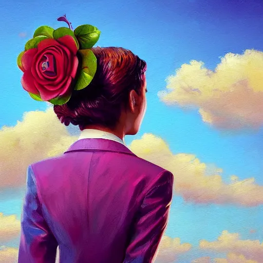 Image similar to closeup, giant rose flower on the head, frontal, girl in a suit, surreal photography, sunrise, blue sky, dramatic light, impressionist painting, digital painting, artstation, simon stalenhag