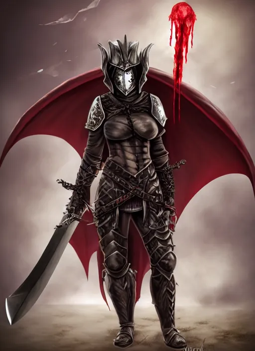 Image similar to female vampire warrior, full body portrait, sharp teeth, grinning, muscular, flying, barefoot, no shoes, exposed feet, black full plate armor, historical armor, realistic armor, covered chest, metal mask, giant two - handed sword dripping blood, realistic, dungeons and dragons.