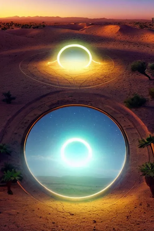 Prompt: a luminous circular stargate in the desert with a lush jungle visible on the other side