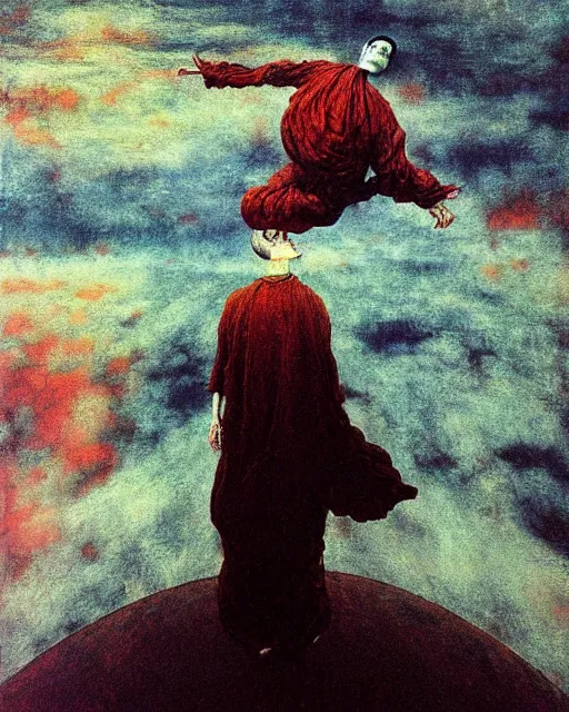 Image similar to early color photo of a scared enlightened boy flying up in sky, Beksinski painting, part by Adrian Ghenie and Gerhard Richter. art by Takato Yamamoto, Francis Bacon masterpiece