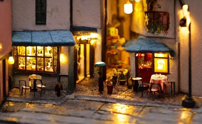 Prompt: mini cafe diorama macro photography, alleyway, cafe for felted animals, ambient, atmospheric photograph, string lights, romantic