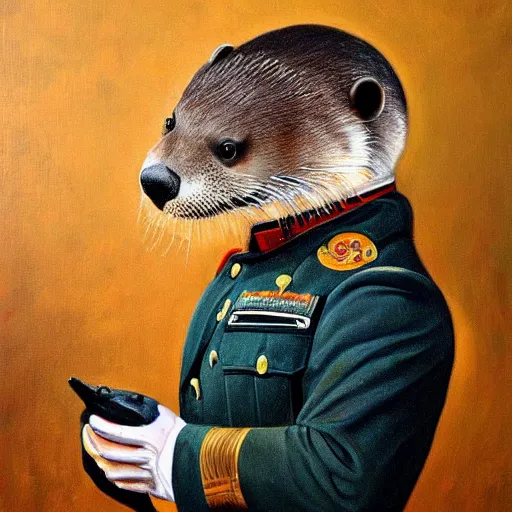 Image similar to oil painting of an anthropomorphic otter in military uniform, amazing detail, hyper realism,