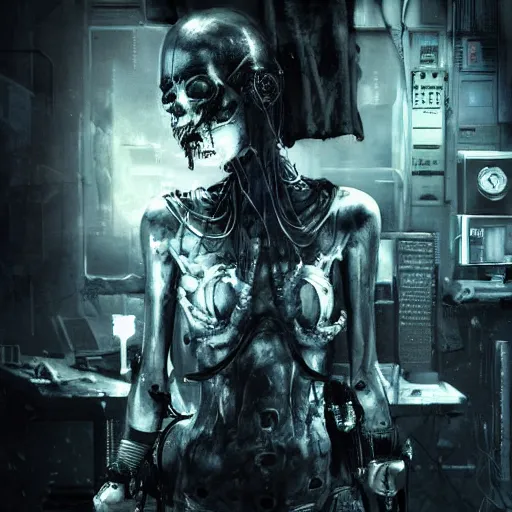 Image similar to in a dark room, a cybergoth hacker, skulls, wires cybernetic implants, machine noir grimcore, in the style of emil melmoth zdzislaw belsinki craig mullins yoji shinkawa realistic render ominous detailed photo atmospheric