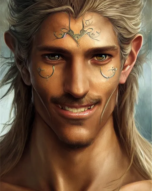 Image similar to elven man, beautiful, long hair, tan skin, closed mouth smile, fantasy, super detailed, very ornate, glow, by greg rutkowski, artgerm, magali villeneuve, alphonse mucha, realistic, symmetrical face, 8 k, sharp focus