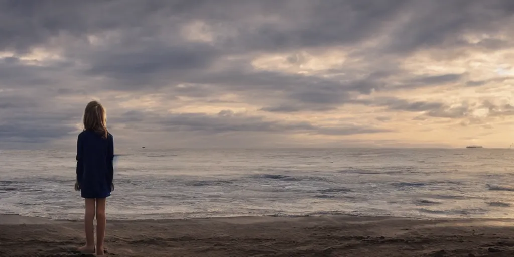 Image similar to girl looking at the ocean waves, superwide angle, zoom out, Leon Bosko style