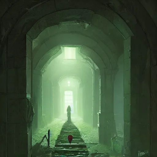 Image similar to dark stone hallway with green goo in the corners as an adventurer with a torch walks through, by greg rutkowski