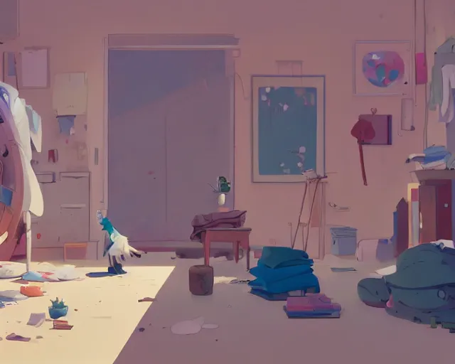 Image similar to an untidy room with laundry on the floor, detailed, by cory loftis, james gilleard, atey ghailan, makoto shinkai, goro fujita, studio ghibli, plain background