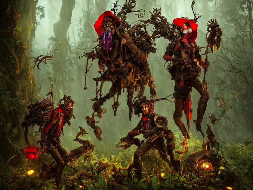 Image similar to red ridding hood and a troop of gamekeepers hunt mystical forest monsters. all wearing a steampunk and neonpunk mechanical fluorescent mystical animal masks. realistic fornite style. full body. product introduction photos. luminescent, elements, by tooth wu and wlop and beeple and greg rutkowski. epic cinematic shot, perfectly defined features, ambient occlusion