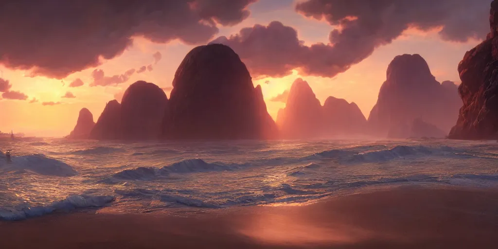 Image similar to illustration of the shore on a beautiful morning, Pixar and Disney animation, sharp, Rendered in Unreal Engine 5, art by Greg Rutkowski, Bloom, dramatic lighting, sunrise