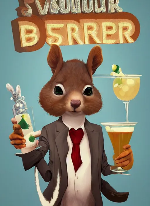 Image similar to squirrel anthro as a dapper bartender with a big, fluffy tail, retro futurism, art deco, detailed painterly digital art style by WLOP and Cory Loftis, 🐿🍸🍋, furaffinity, trending on artstation