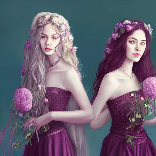 Image similar to a highly detailed portrait of sisters with purpure very very long hair, There are large snow-white peonies in the background, artstation, highly detailed, portrait, by ghilby