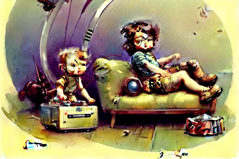 Image similar to adventurer ( ( ( ( ( 1 9 5 0 s retro future living room. muted colors. toys laying around ) ) ) ) ) by jean baptiste monge, chrome red