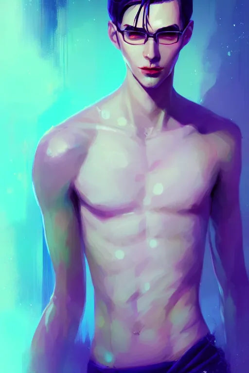 Image similar to character design, a slender, fair - skinned, elegantly dressed man with watery eyes, blurred environment background, colorful magic effects, white skin, portrait, male, clothed, sharp focus, digital art, concept art, trending on artstation, dynamic lighting, by emylie boivin and rossdraws