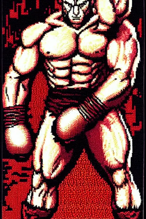 Image similar to 8 bit nes graphics. antropomorphic muscular masculine wolf. kickboxer fighter, in shorts. wolf head. fine details, very sharp, art from nes game cartridge, marc simonetti and hermann nitsch