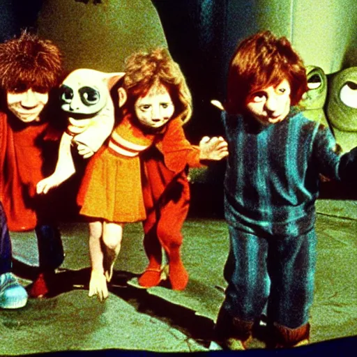 Prompt: still from 1977 live-action children's tv show about a goblin who enters an eyeball cult color