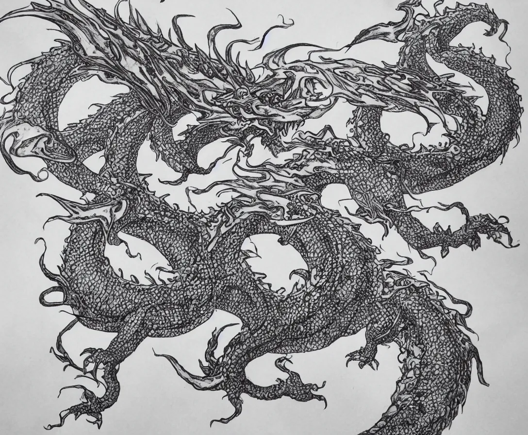 Image similar to an intricately detailed dragon, made from tiny swirls of ink