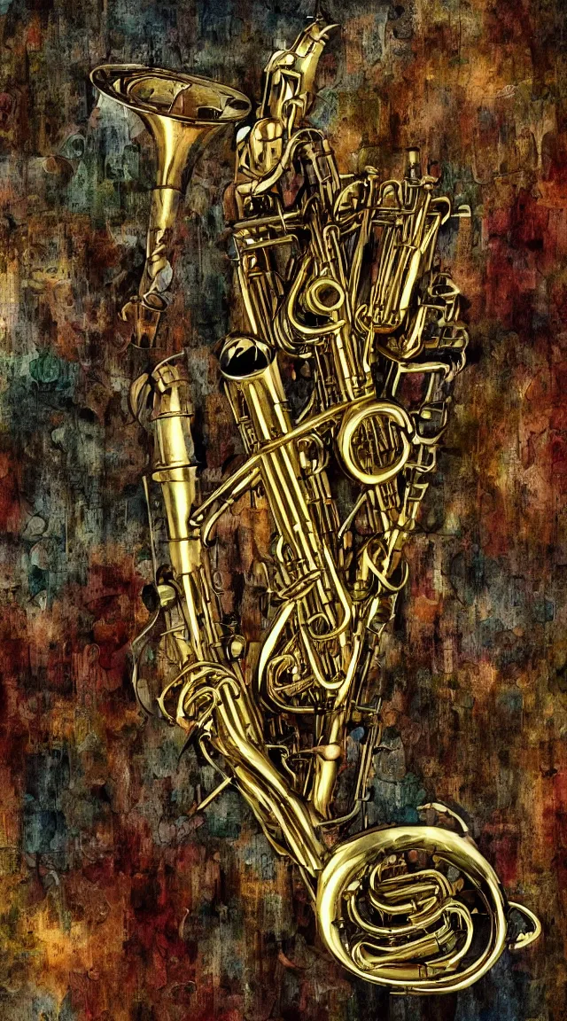 Image similar to jazz, trumpet, sci fi, music notes, robot, wallpaper, masterpiece, hdr