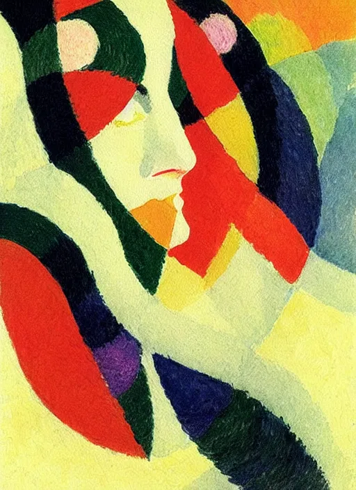 Prompt: an extreme close - up portrait of a lady enshrouded in an impressionist representation of mother nature and the meaning of life by sonia delaunay and william holman hung, thick watercolor brush strokes, portrait painting by daniel garber, vintage postcard illustration