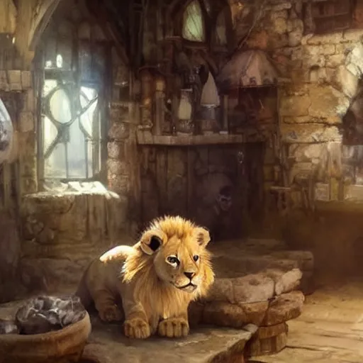 Prompt: adorable lion cub inside of a medieval fantasy pet store, oil painting, by greg rutkowski