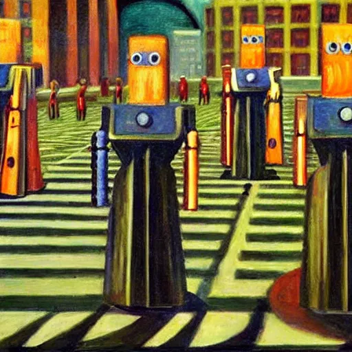 Image similar to robot druids in a grand processional, capital plaza, grant wood, pj crook, edward hopper, oil on canvas