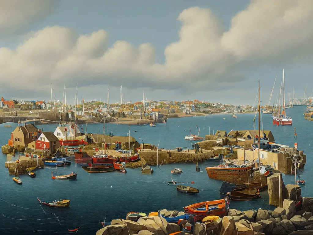 Image similar to a detailed gouache painting illustration of a typical English coastal fishing harbor, by Michiel Schrijver, ultra-hd, sharp focus, isometric