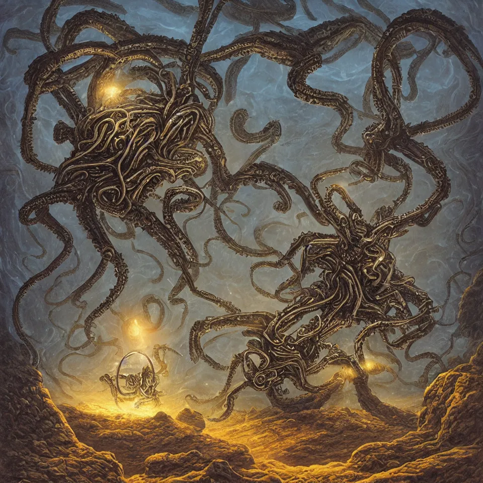 Image similar to alien spider with kraken head, in an alien landscape surrounded by Stonehenge with glowing writing emanating from the stones, contrasting colors, Dan Seagrave,