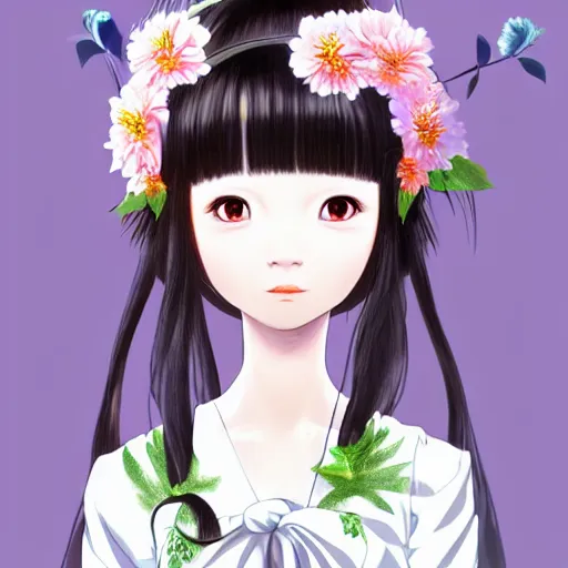 Prompt: chinese little girl with flowers in hair wearing an white dress. art by ilya kuvshinov, profile picture, inspired in hirohiko araki, realistic, highly detailed, 8 0 s anime art style