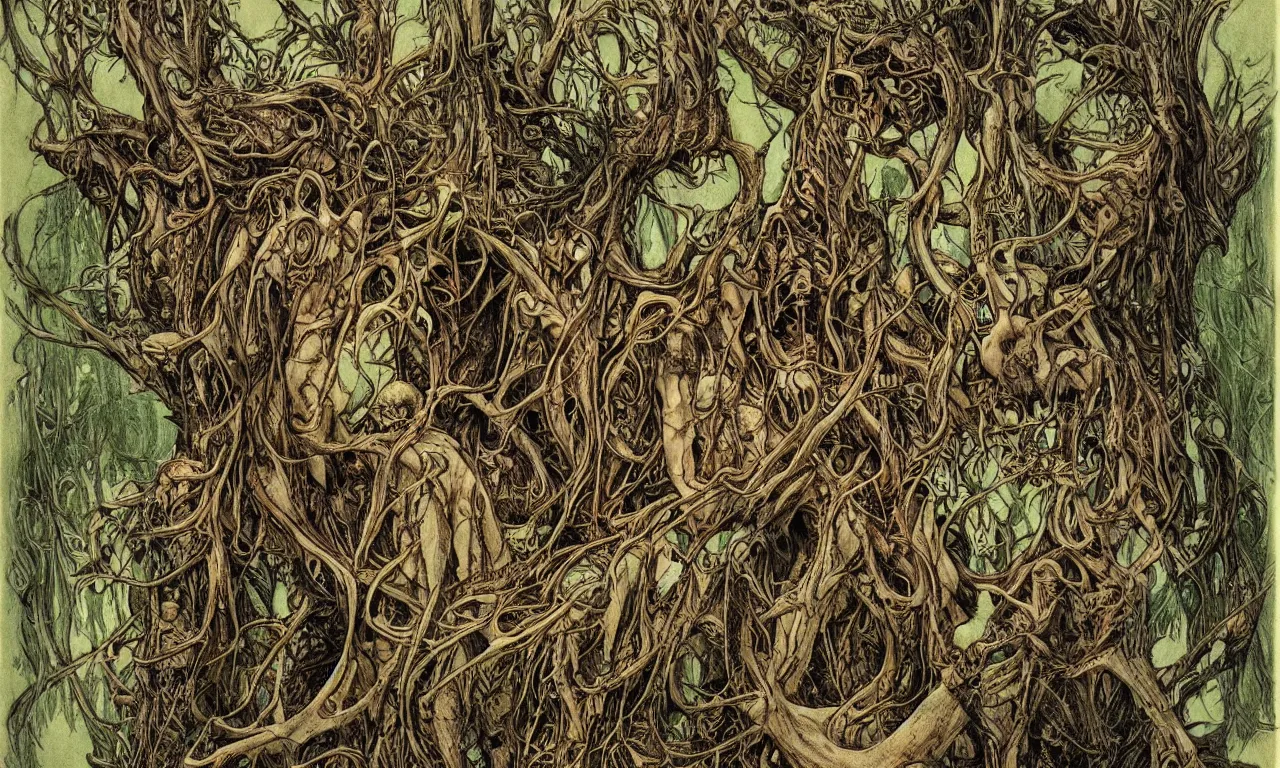 Prompt: hyperdetailed art nouveau portrait of treebeard and swamp thing as a cthulhu eyeball moose skull wendigo swamp thing creatures, by michael kaluta, pushead and bill sienkiewicz, photorealism, claws, skeleton, antlers, fangs, forest, wild, bizarre, scary, lynn varley, lovern kindzierski, steve oliff