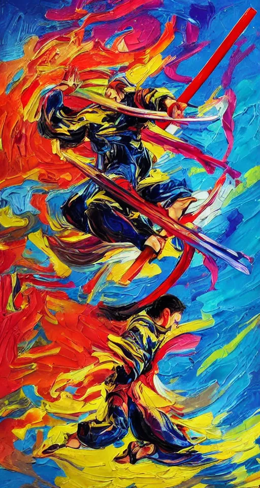 Image similar to colorful beautiful abstract painting, man, ninja with katana of water wave, full body, water fists of fury, jumping leaping heroic attack, action scene, ultra detailed