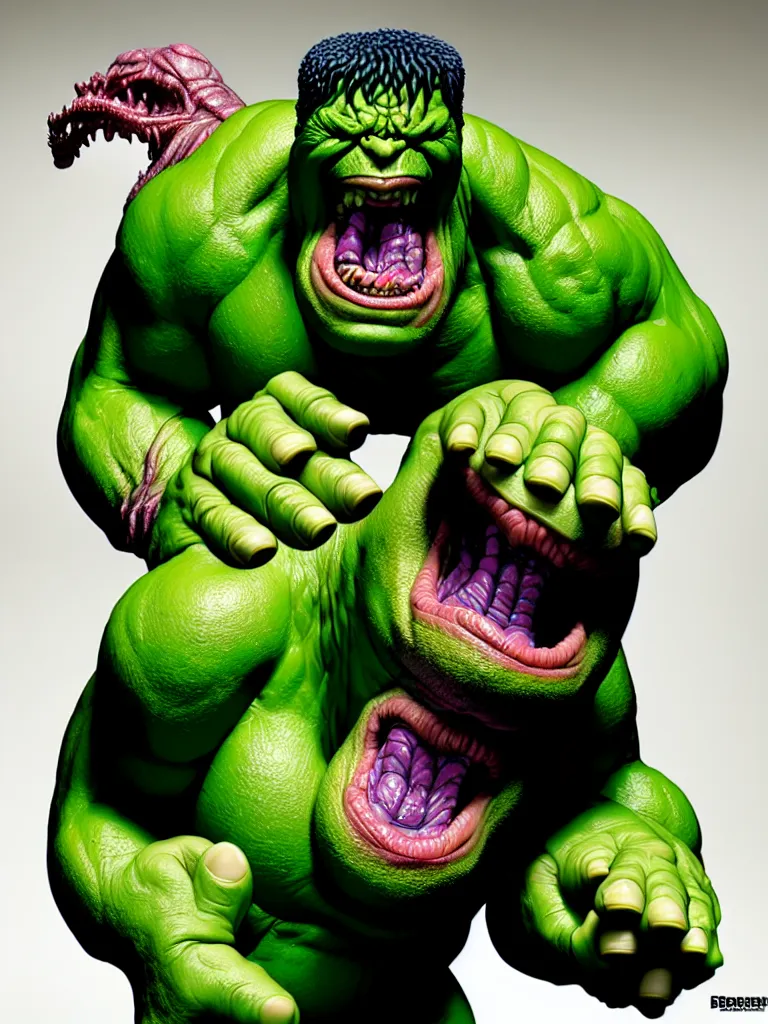 Prompt: hyperrealistic rendering, fat smooth cronenberg flesh monster hulk by bernie wrightson and killian eng and joe fenton, product photography, action figure, sofubi, studio lighting, colored gels, colored background