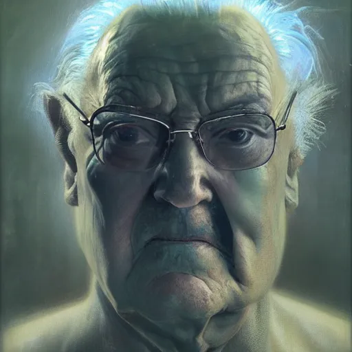 Image similar to hyperrealist portrait of an ancient old alien man with large cruel intelligent eyes and a huge head standing in front of a computer interface by jeremy mann and alphonse mucha and stan lee, fantasy art, photo realistic, dynamic lighting, artstation, poster, volumetric lighting, very detailed faces, award winning, full face, symmetry