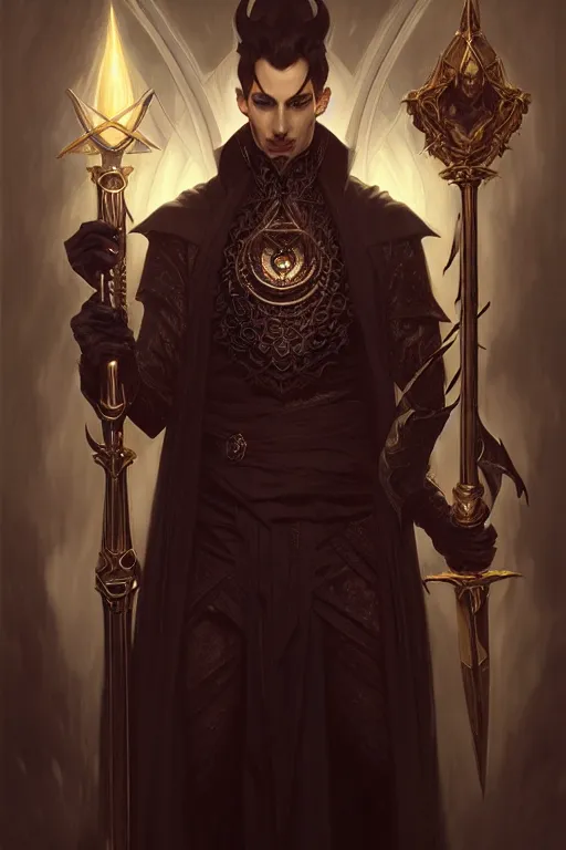 Image similar to dark fantasy, evil male magician with staff with powerfull crystall portrait, dark surrealist , fantasy, intricate, elegant, highly detailed, digital painting, artstation, concept art, smooth, sharp focus, illustration, art by artgerm and greg rutkowski and alphonse mucha