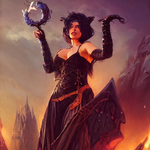 Image similar to a villainous, bewitching sorceress, auburn outfit, black hair, curvy crossfit build, fantasy portrait by greg rutkowski, gaston bussiere, larry elmore