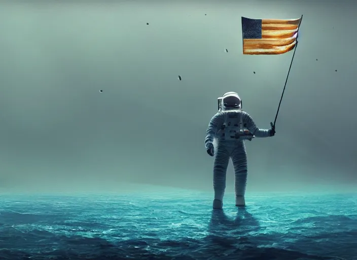 Image similar to astronaut holding a flag in an underwater desert. a submarine is visible in the distance. dark, concept art, cinematic, dramatic, atmospheric, 8 k, trending on artstation, blue, fish, low visibility, fog, ocean floor, christopher nolan, interstellar