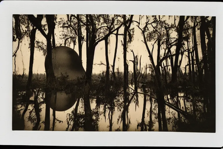 Prompt: old polaroid of a nuclear explosion in the louisiana swamps, people screaming