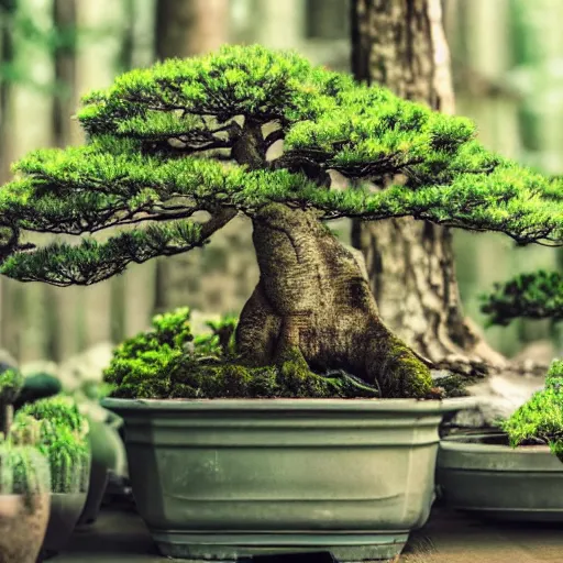 Image similar to a realistic bonsai dense forest on a pot, photography, focus