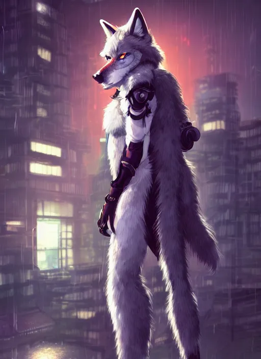 Image similar to character portrait of a male anthro wolf fursona with white fur, a tail and a cute beautiful attractive furry face wearing stylish cyberpunk clothes in a cyberpunk city at night while it rains. hidari, color page, tankoban, 4K, tone mapping, Akihiko Yoshida.