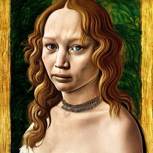 Image similar to jennifer lawrence as gollum, elegant portrait by sandro botticelli, detailed, symmetrical, intricate