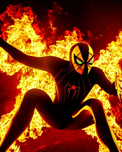 Image similar to photograph of a black and gold suit spider - man stood infront of a blazing inferno, dslr, cinematic, volumetric lighting, 8 k resolution, photorealistic