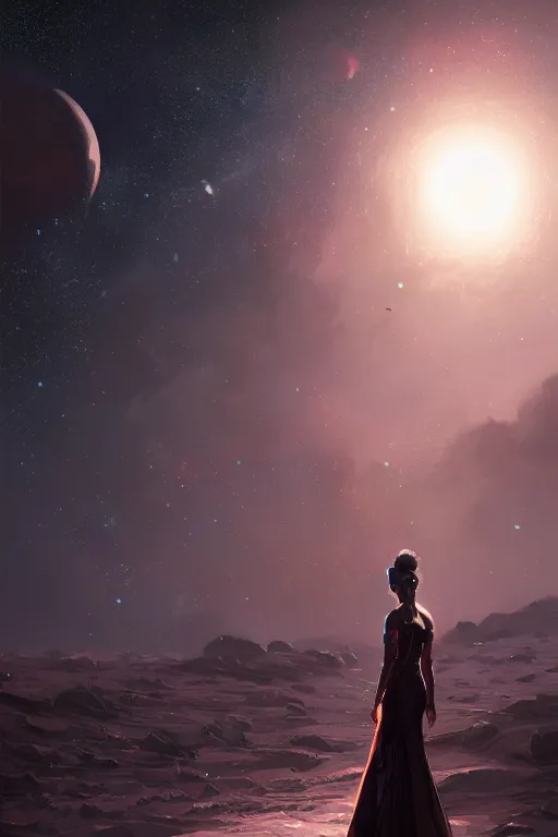 Prompt: a woman, wearing a dress made of stars, rim lighting, dramatic, planets in the background, smooth, sharp focus, very detailed, by greg rutkowski, artstation, tom badshaw, 8 k, symmetrical detailed face