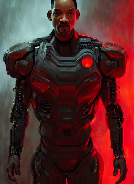 Image similar to will smith as victor stone, full body concept, cyborg, borg, strogg, face of a man, terminator, flesh, quake strogg, doom demon, wolfenstein, monstrous, powerful, symmetry, symmetrical, concept art by ruan jia and greg rutkowski