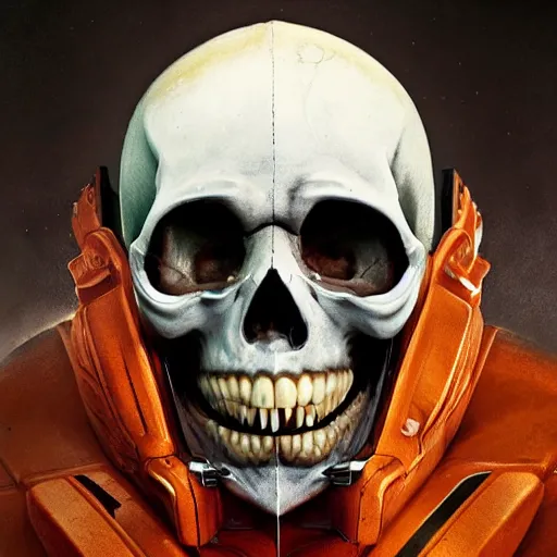 Image similar to a portrait of a skull with vampire teeth, in an orange racing helmet by sandra chevrier, detailed render, epic composition, cybernetics, 4 k realistic, cryengine, realistic shaded lighting, sharp focus, masterpiece, by matteo scalera, gary montalbano, peter elson in the style of the tokyo ghost comic