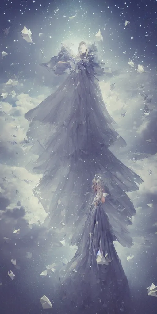Image similar to background is a stary night sky, castle made of clouds, looking up towards an anthropomorphic space woman wearing a flowing paper couture dress with puffy leggings, paper stars, many origami birds, eery light, 3D, very detailed, octane render, trending ArtStation, artgem