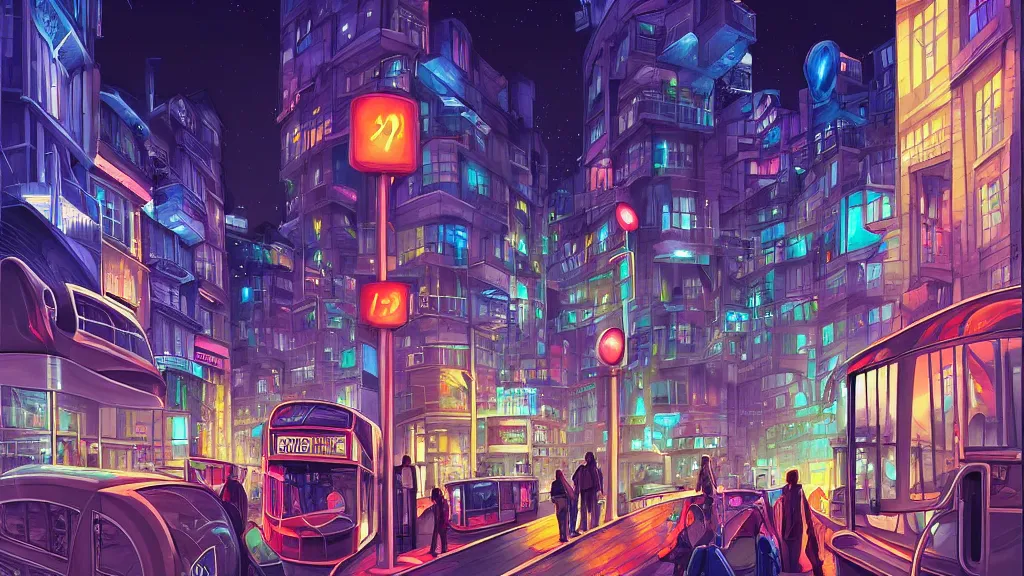 Prompt: street view of futuristic london city at night by cyril rolando and naomi okubo and dan mumford and zaha hadid. advertisements. elegant lamps. double decker bus.