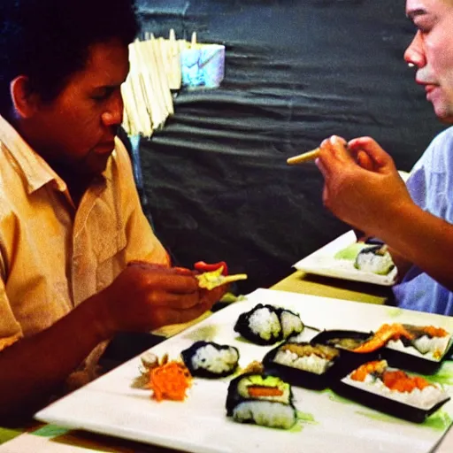 Image similar to aborigine eating sushi