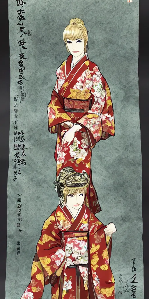 Image similar to cersei lannister japanese ukyo style, she is wearing a kimono, rice paper